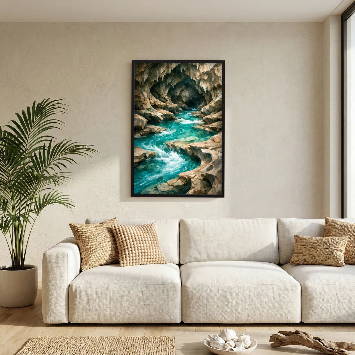 Kunstposter im Hochformat in schwarzem Rahmen: Felsenhöhle mit türkisfarbenem Wasser