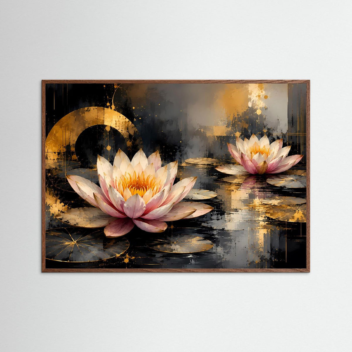 Lotusblüten-Poster mit Seerosen auf dunklem Wasser, dunkelbrauner Holzrahmen