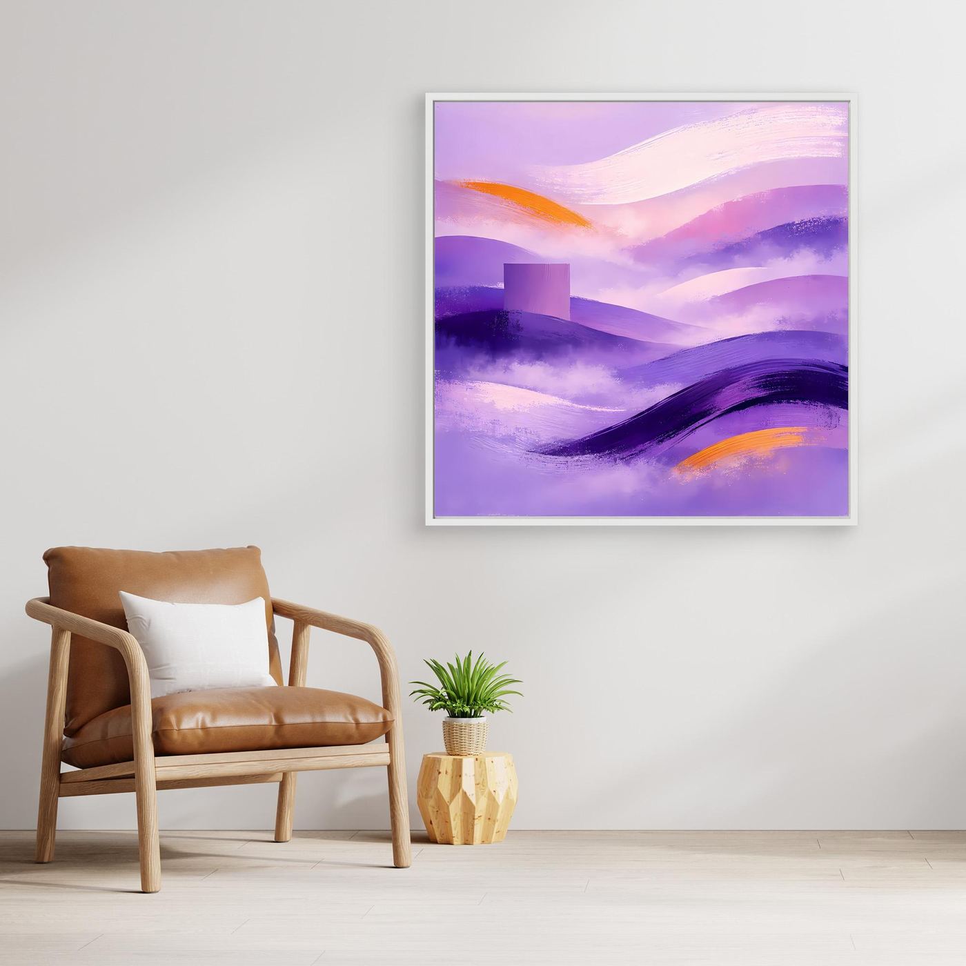 Leinwandbild mit abstrakter Berglandschaft in Flieder und Violett, silberner Rahmen