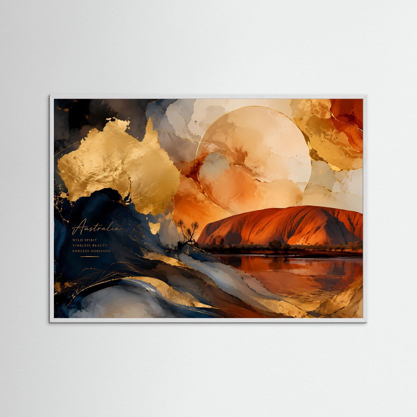 Querformat-Poster mit abstraktem Alcohol-Ink-Uluru im hellen Holzrahmen