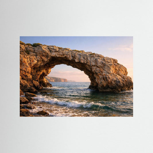 Küsten-Panorama-Poster mit Felsbogen und Wellen bei Sonnenuntergang