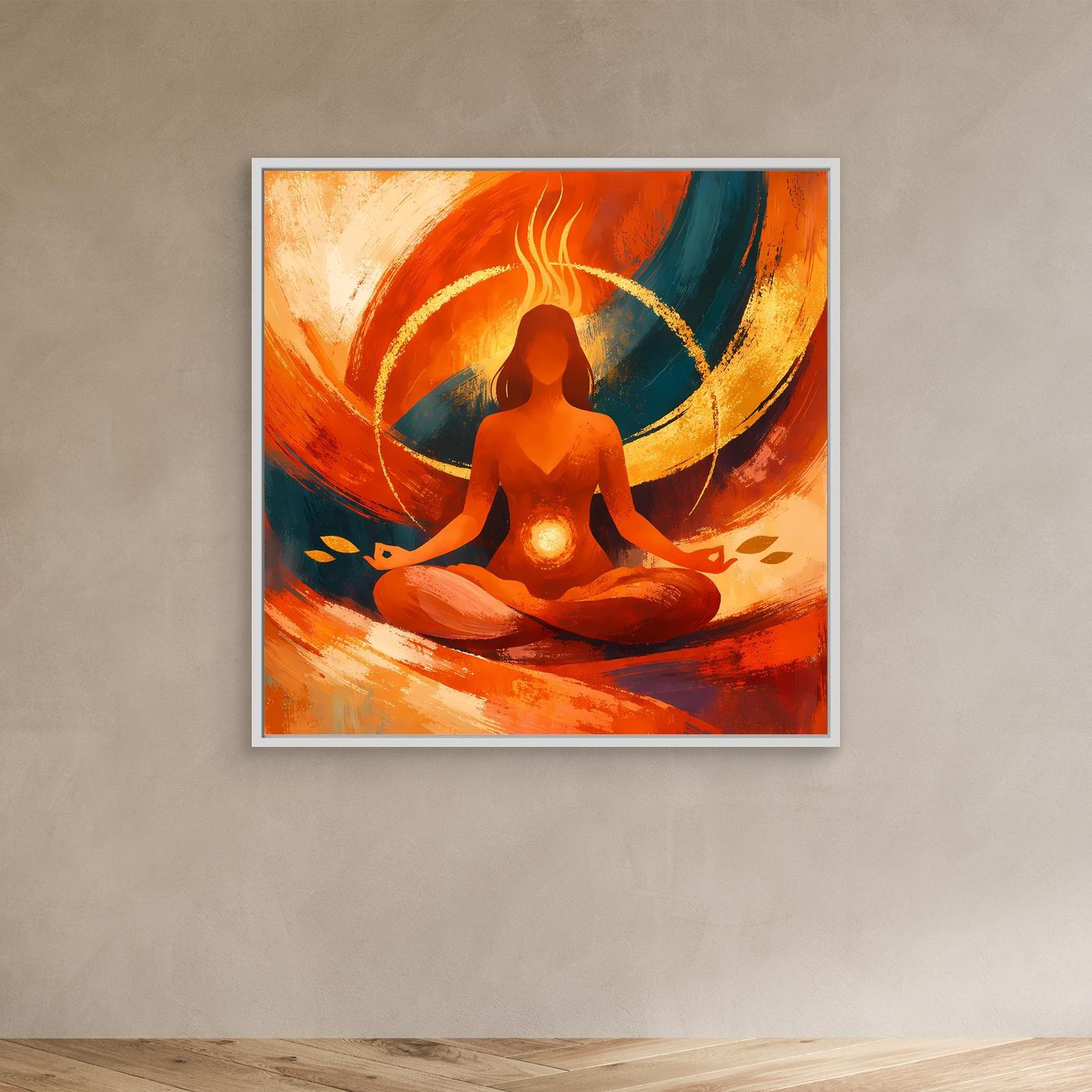 Leinwandbild mit Yogaperson in Meditation, Orange-Gold und Blauelementen, mit beigem Rahmen