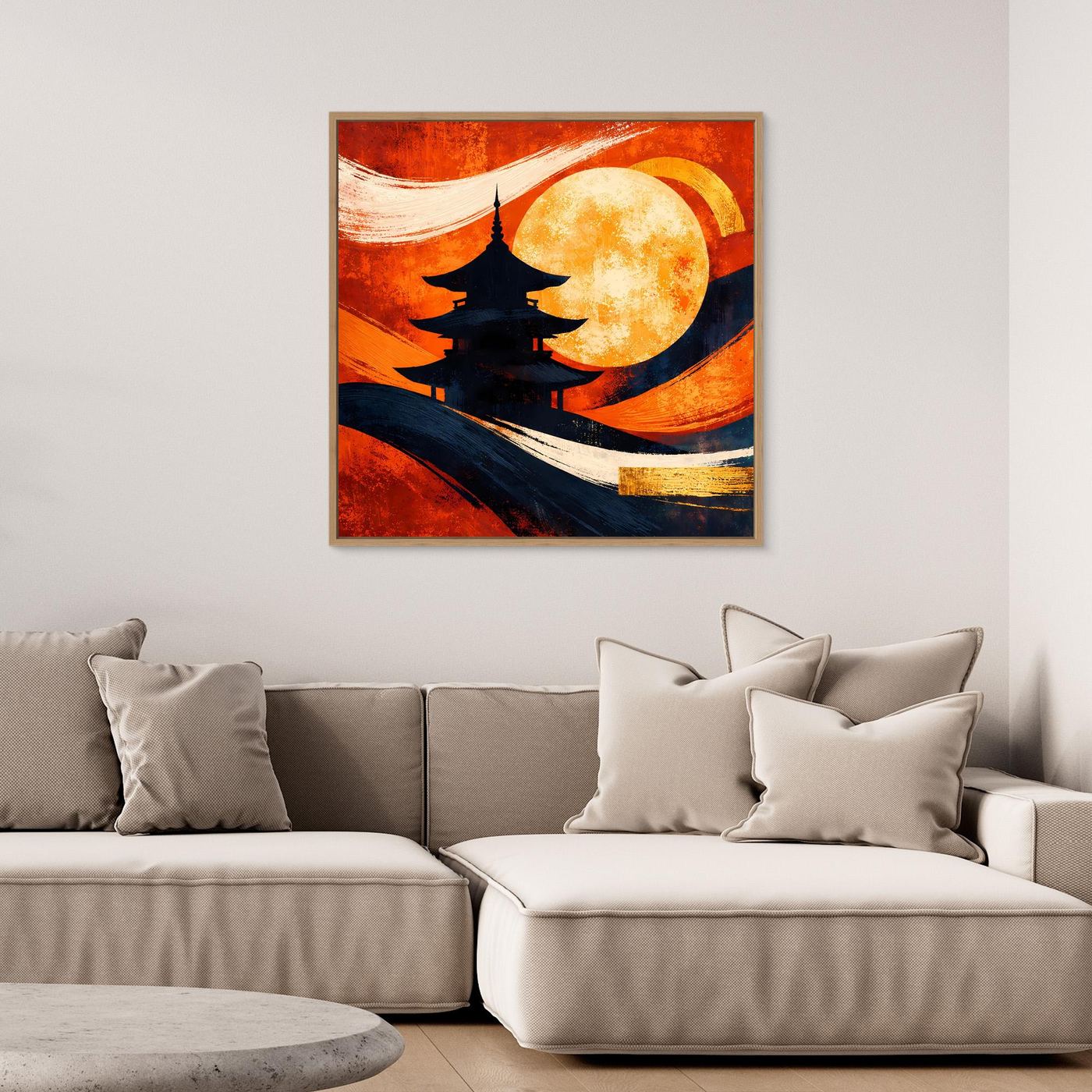 Gerahmtes Leinwandbild mit Pagoden-Silhouette und Vollmond in Rot-Orange-Tönen