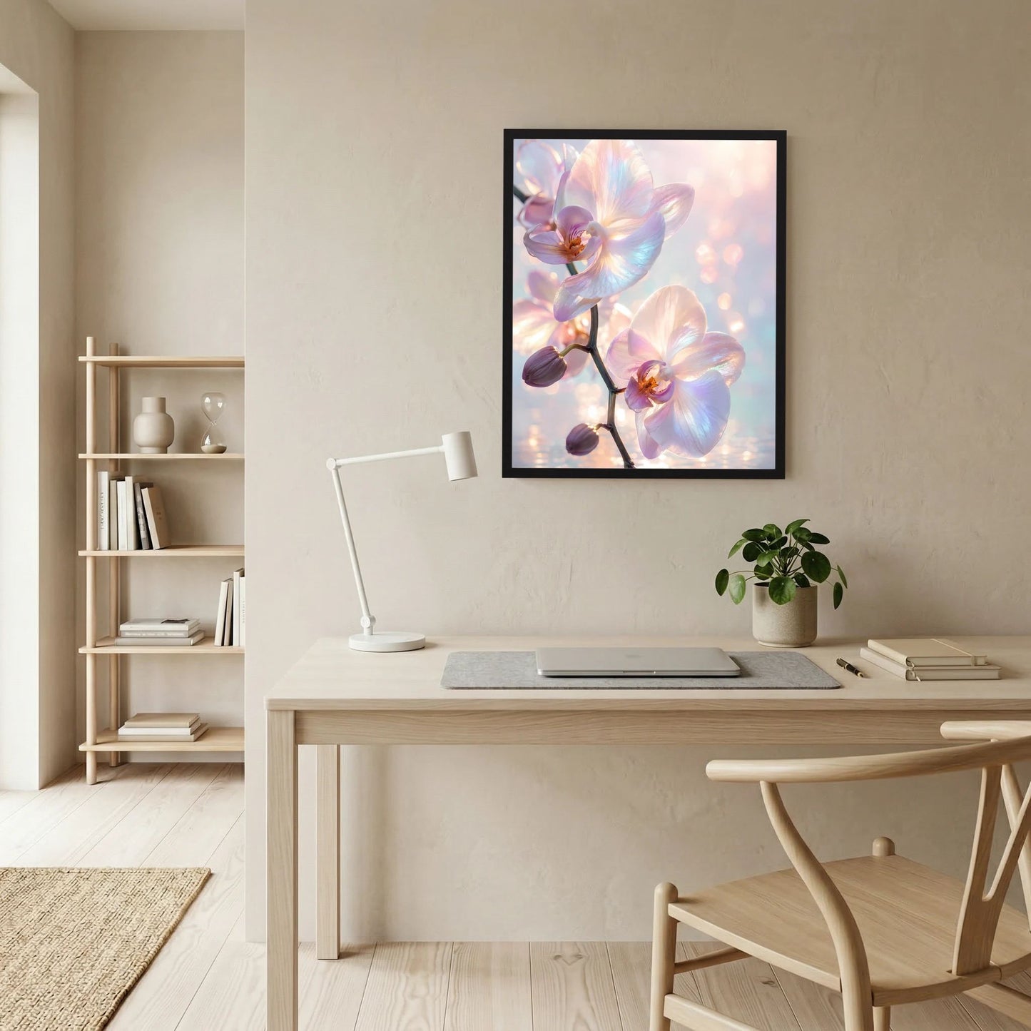 Gerahmtes Kunstposter mit Orchideenblüten in Pastellrosa und Hellblau, schwarze Einfassung