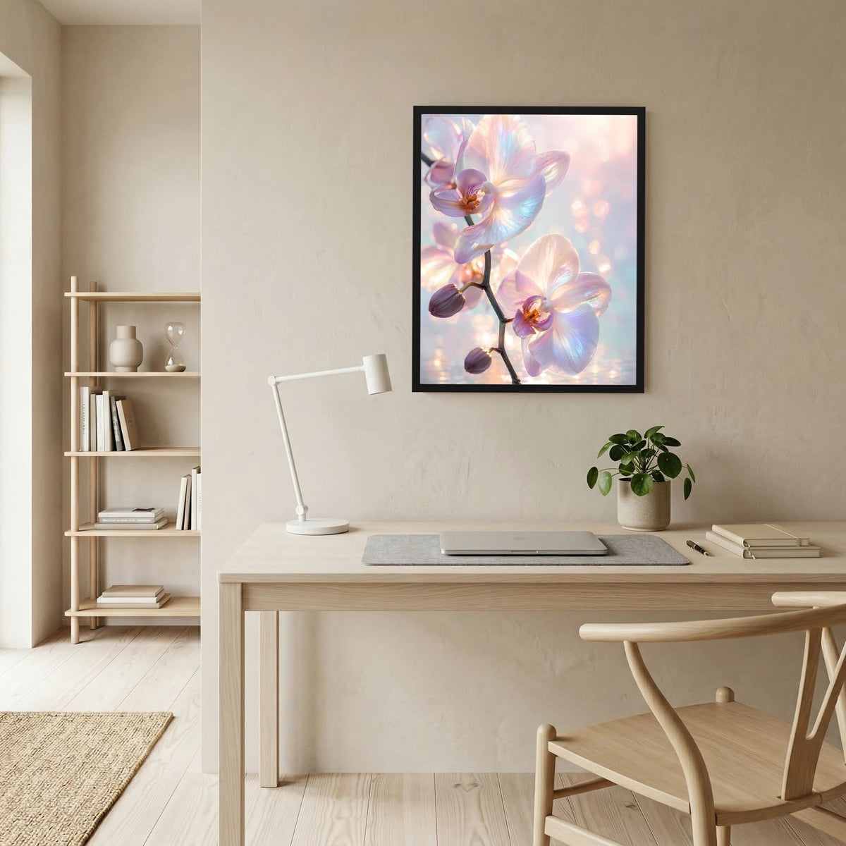 Gerahmtes Kunstposter mit Orchideenblüten in Pastellrosa und Hellblau, schwarze Einfassung