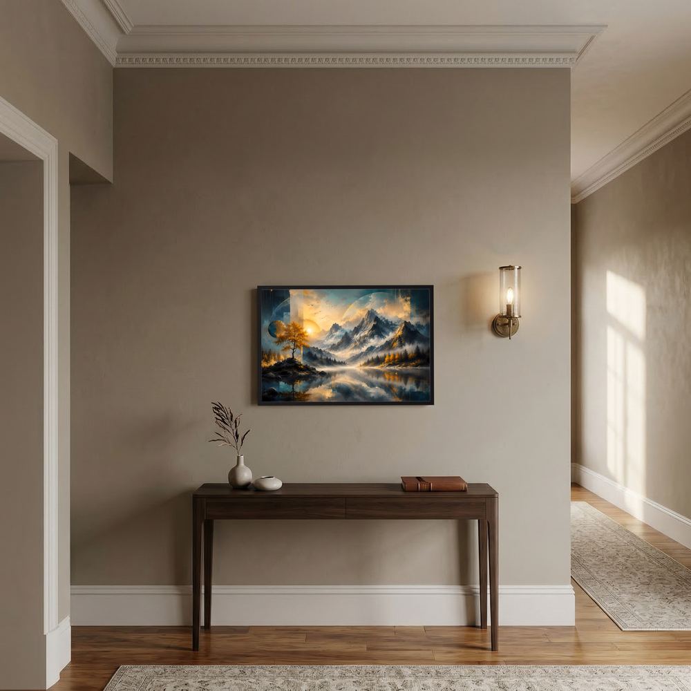 Querformat-Poster mit Berglandschaft, See und herbstlichem Baum, gerahmt