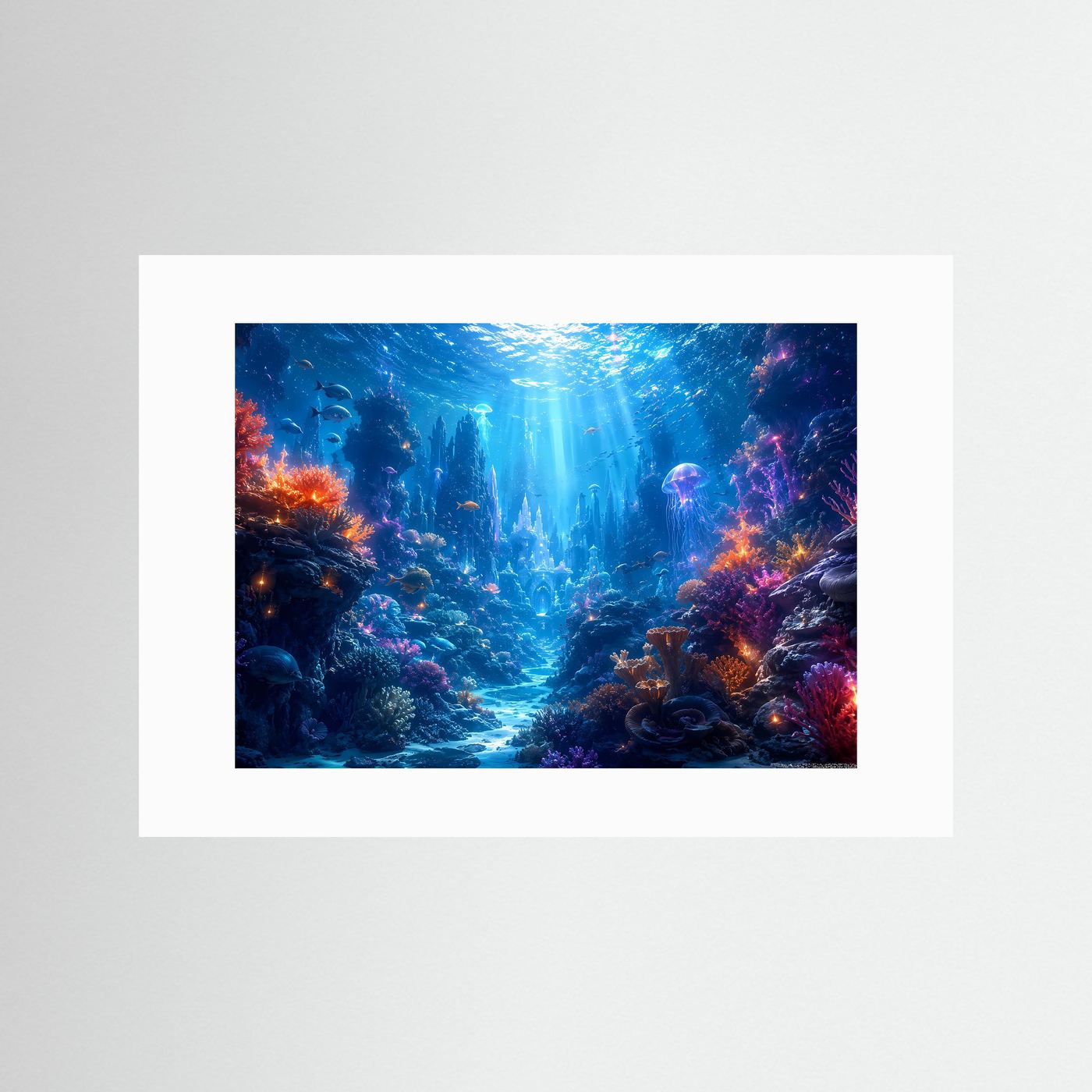 Magische Unterwasserwelt im Korallenriff | Modernes Ozean & Meeresleuchten Poster im Querformat