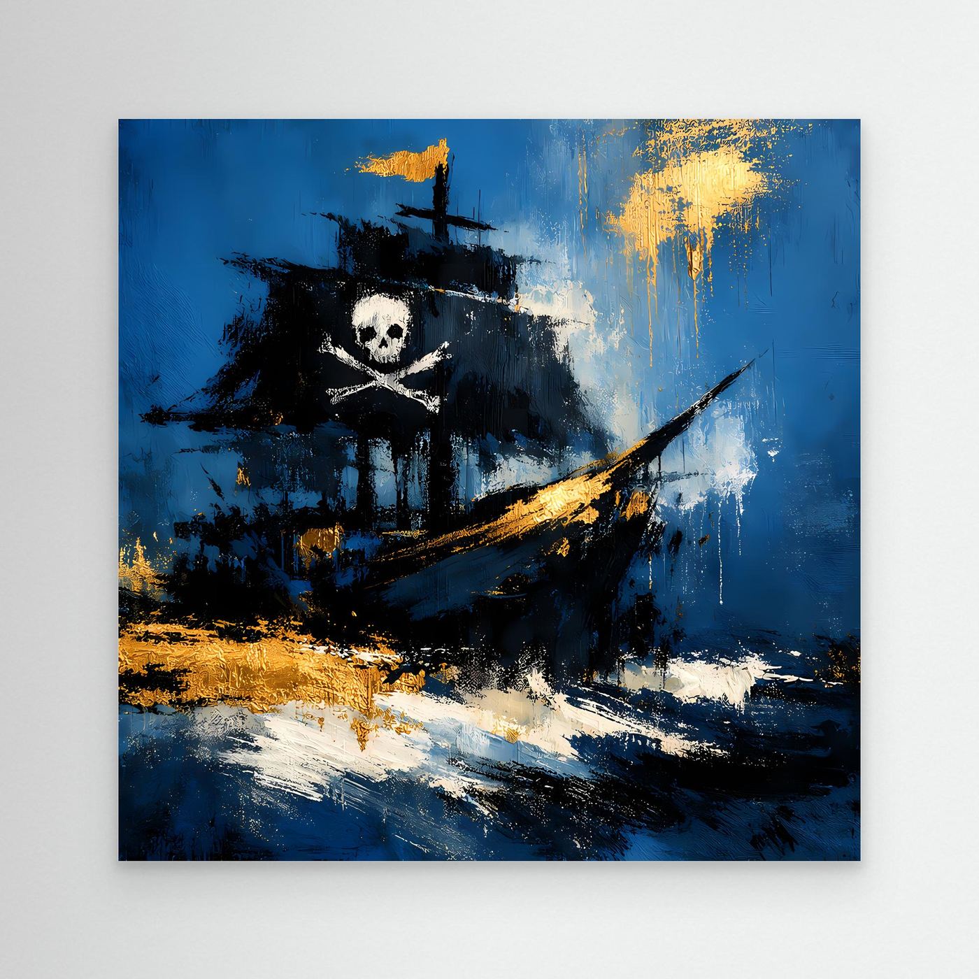 Abstraktes Leinwand-Wandbild mit Piratenschiff, Totenkopf und goldenen Akzenten