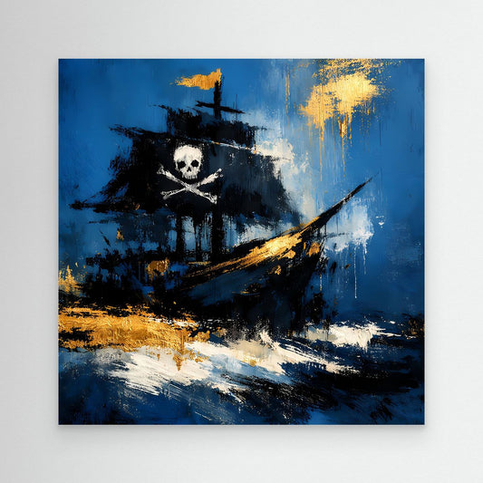 Abstraktes Leinwand-Wandbild mit Piratenschiff, Totenkopf und goldenen Akzenten