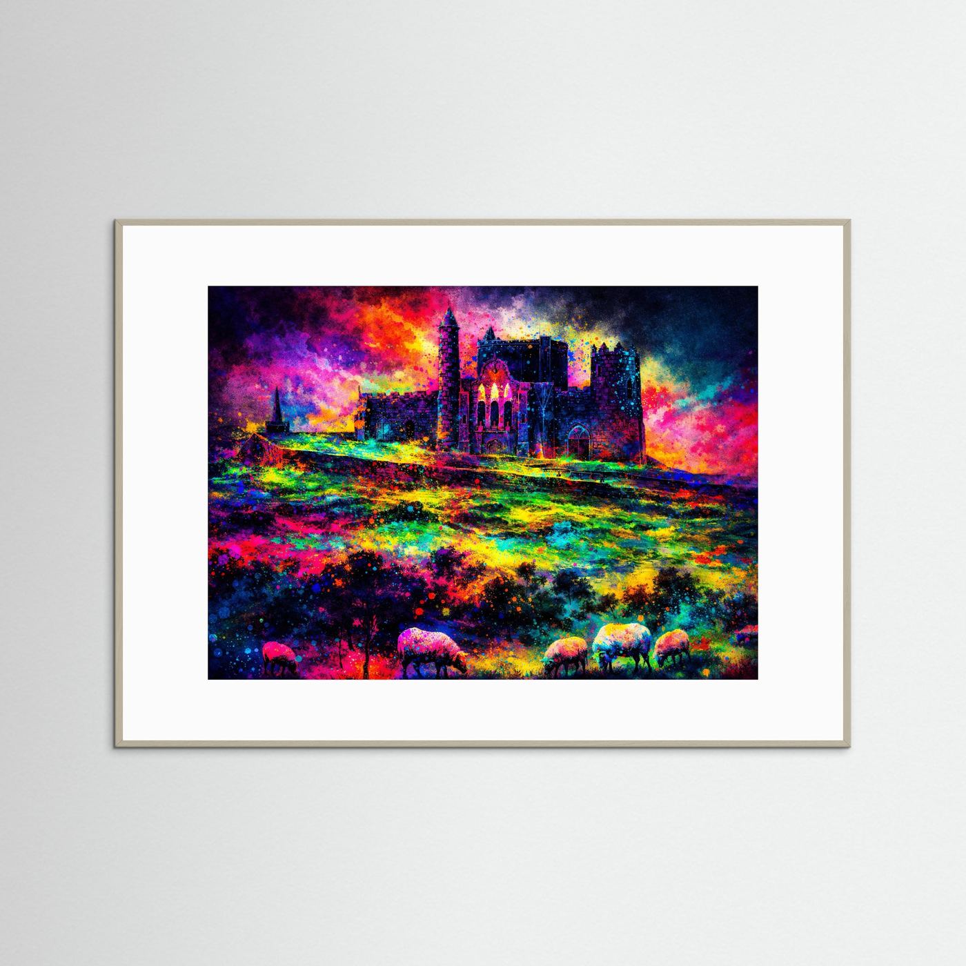 Farbgewaltige Irische Burg mit Schafen | Irland Festung & Natur Poster Querformat