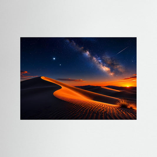 Querformat-Poster mit Dünen bei Nacht, orangefarbenem Licht und Milchstraße im dunklen Rahmen