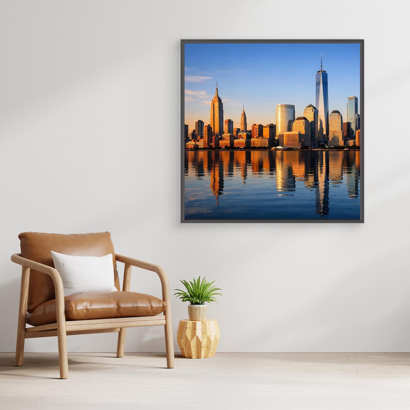 Gerahmtes Leinwand-Wandbild New-York-Skyline bei Sonnenuntergang, schwarzer Rahmen