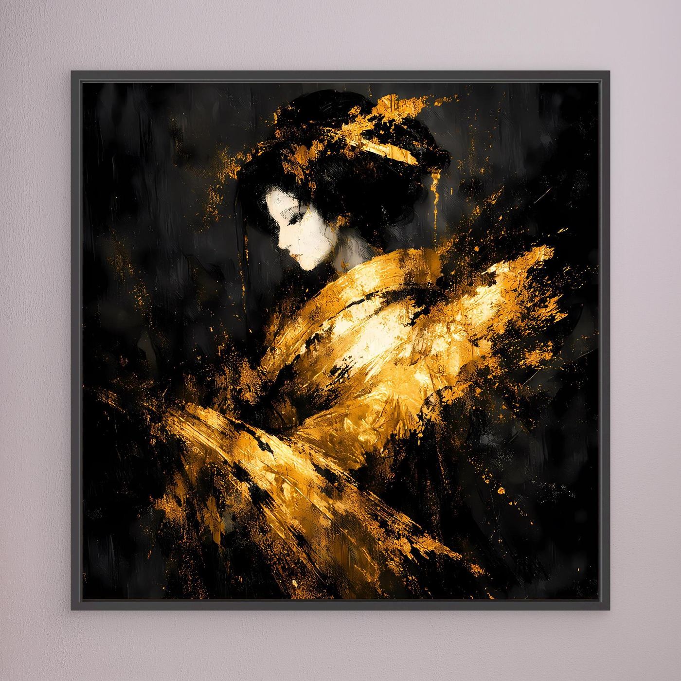 Leinwand Elegante Goldene Geisha | Abstraktes Asiatisches Wandbild