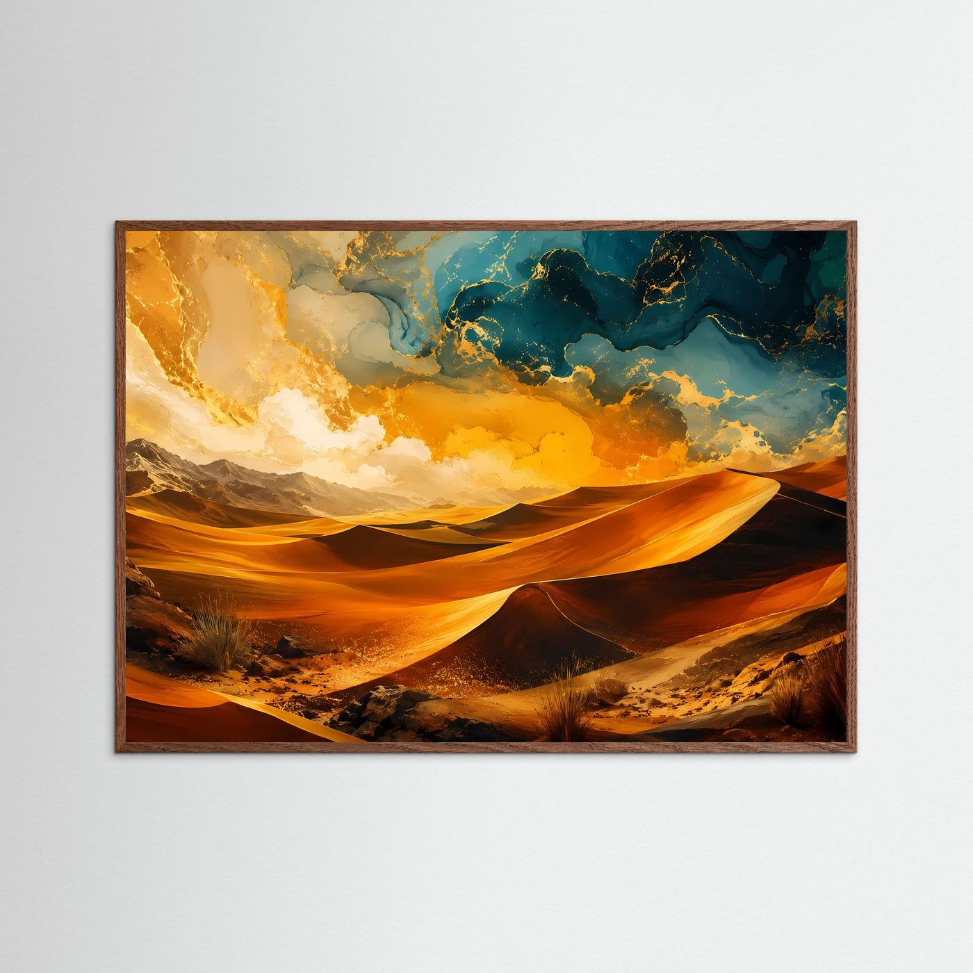 Wüstenlandschaft Poster | Abstrakte Wüste Wandbild | Gold Blau Landschaftskunst | Moderne Desert Wall Art