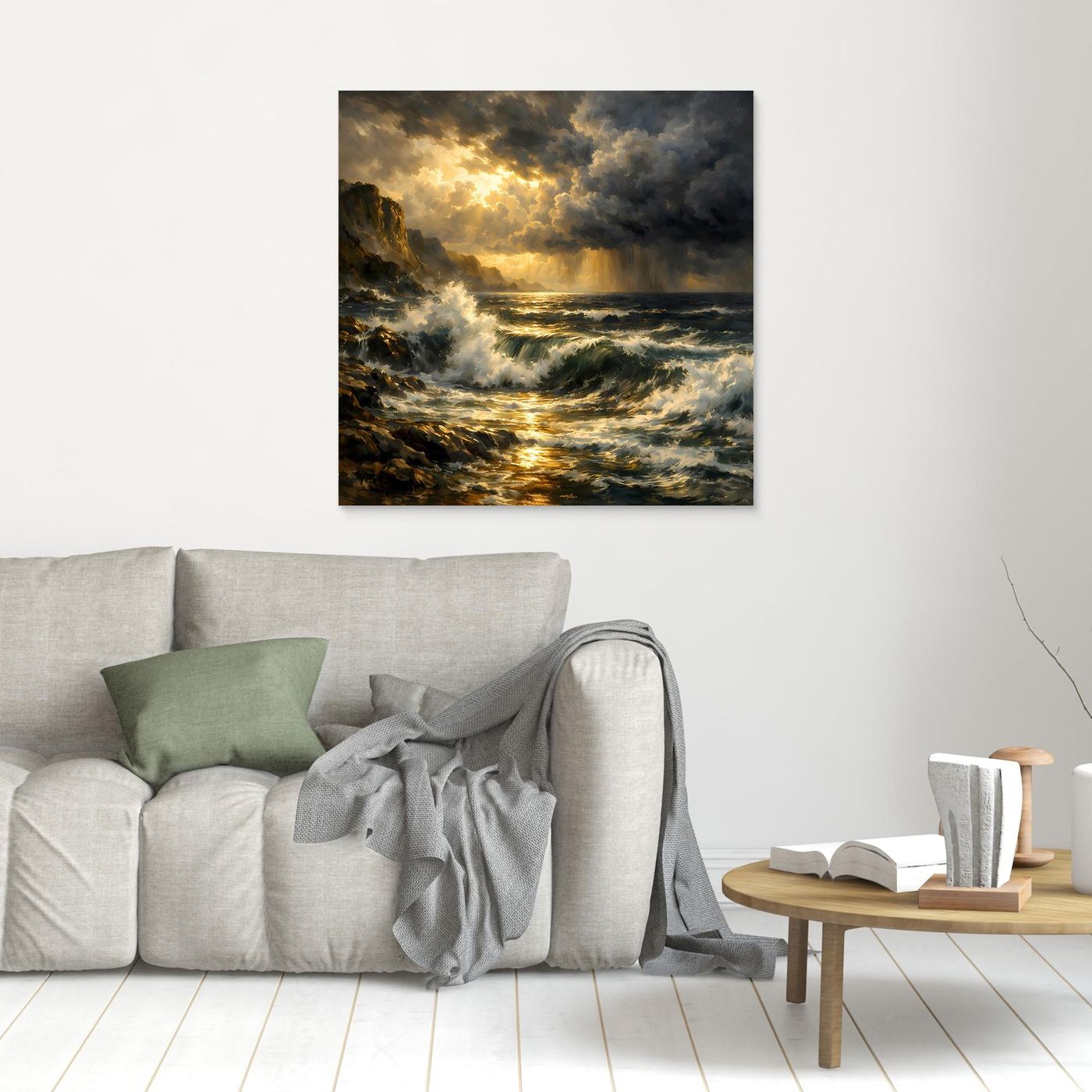 Kleines Leinwandbild stürmisches Meer mit goldenem Licht und Wolken, ohne sichtbaren Rahmen