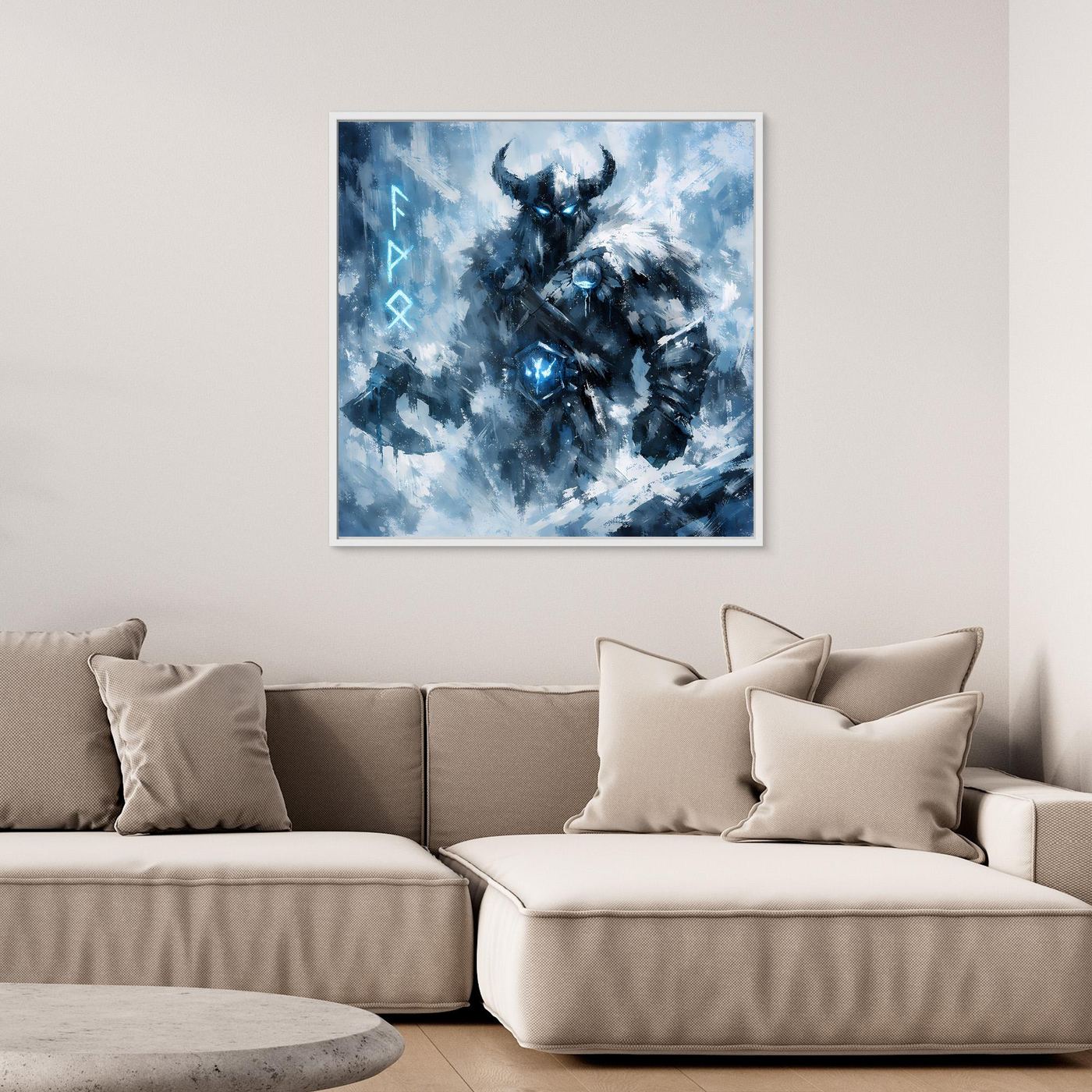 Wandbild mit blauem Wikinger-Krieger im Schneesturm in hellem Rahmen