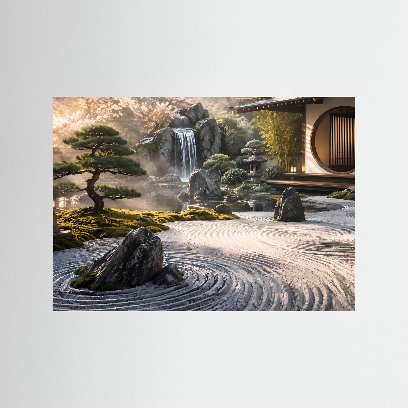 Japanischer Zen Garten Poster | Asiatischer Garten mit Wasserfall | Japan Landschaft Wandbild | Meditationskunst | Moderne Premium Leinwand