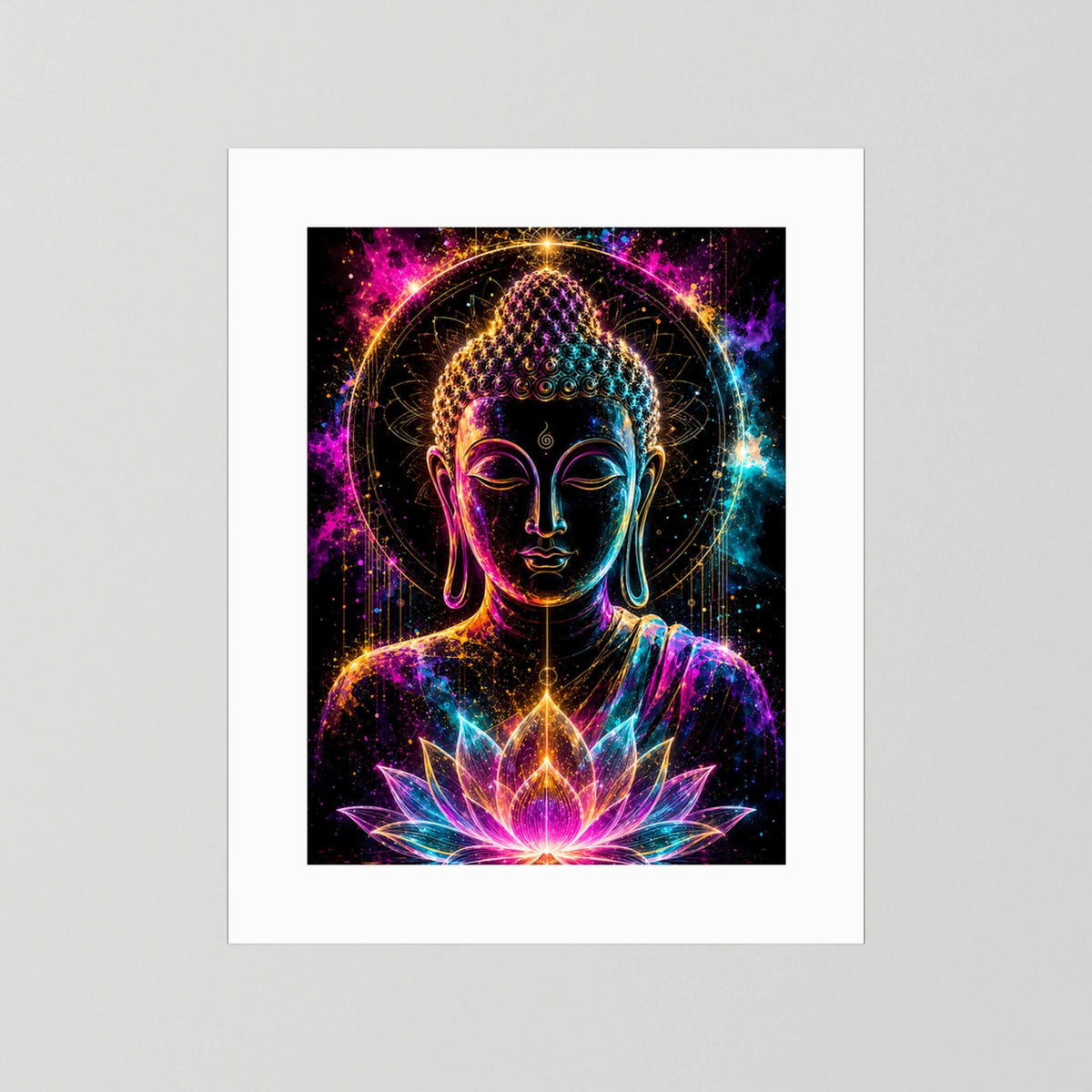 Kunstposter mit Buddha im Neon-Look und leuchtender Lotusblüte, weißer Rand