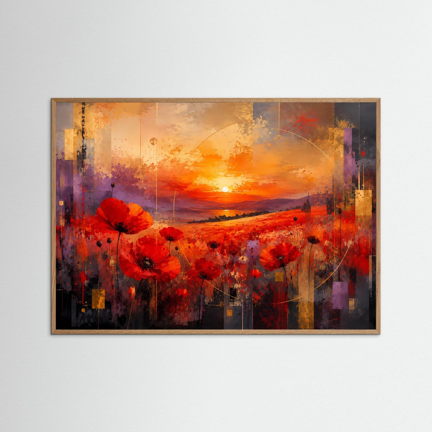 Mohnblumenfeld bei Sonnenuntergang Poster Querformat | Abstrakte Landschaft mit roten Mohnblumen | Modernes Wandbild in Rot, Orange & Gold