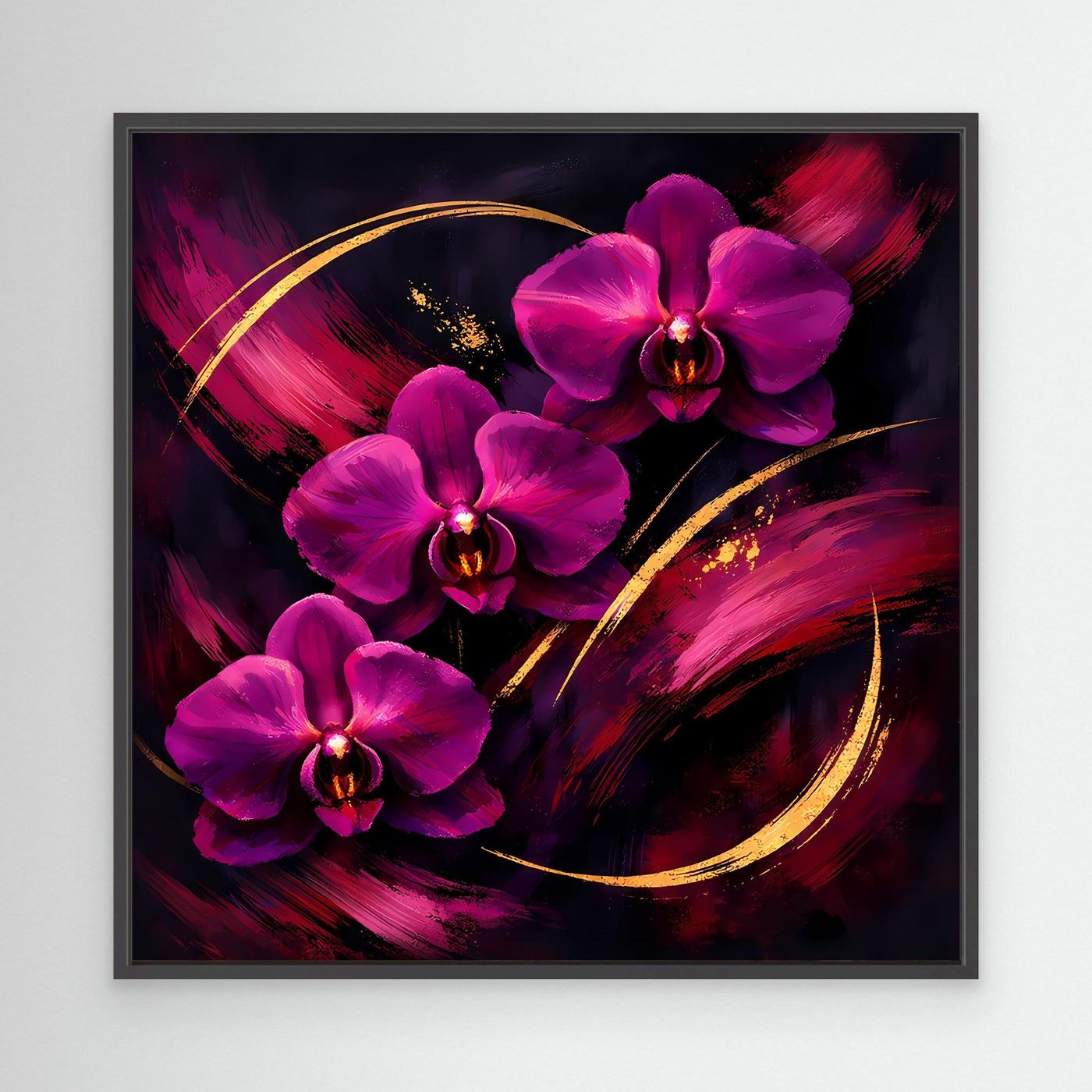 Leinwandbild mit magenta Orchideen und goldenen geschwungenen Linien, schwarzer Rahmen