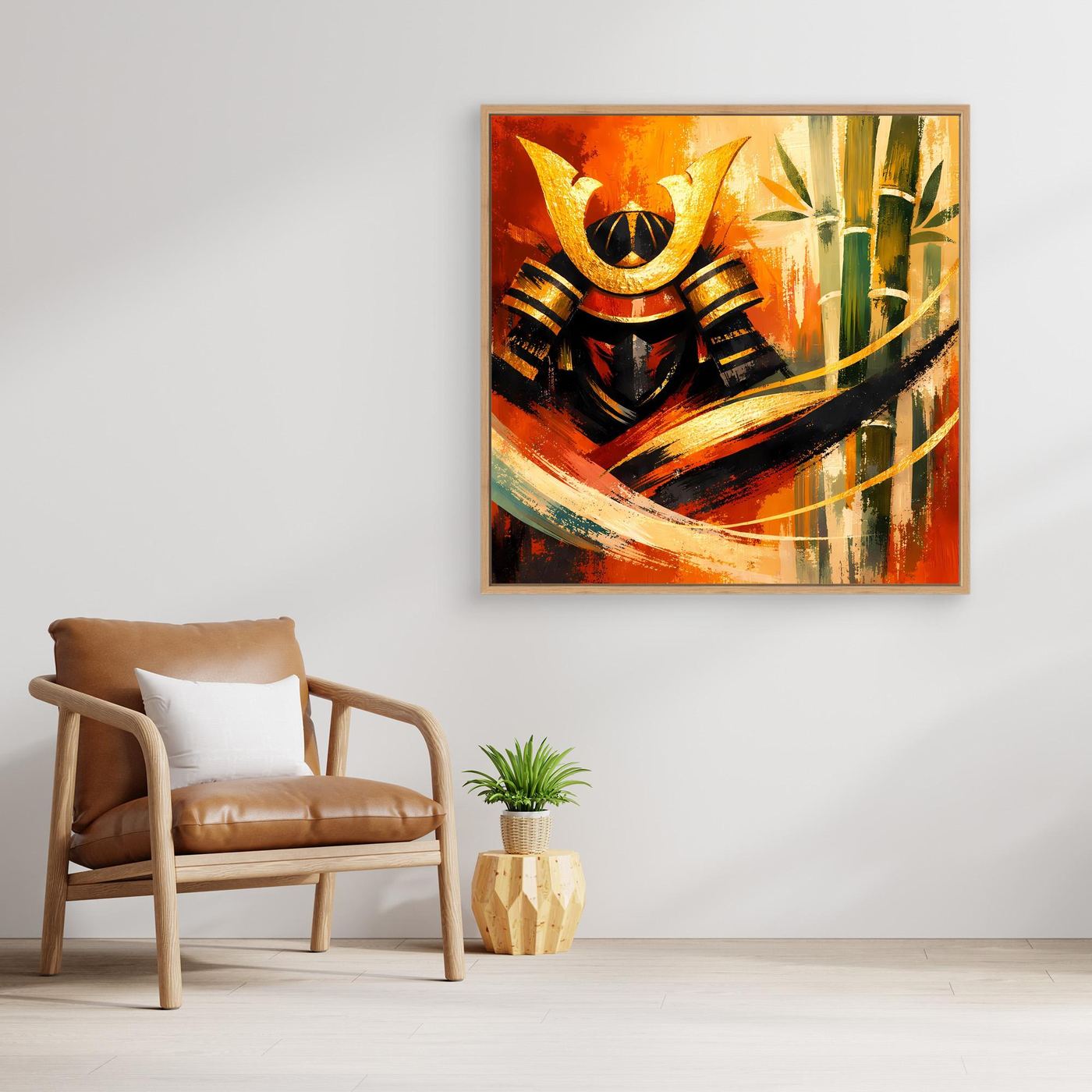 Gold gerahmtes Leinwand-Wandbild: abstrakter Samuraihelm und Bambus, warmes Orange