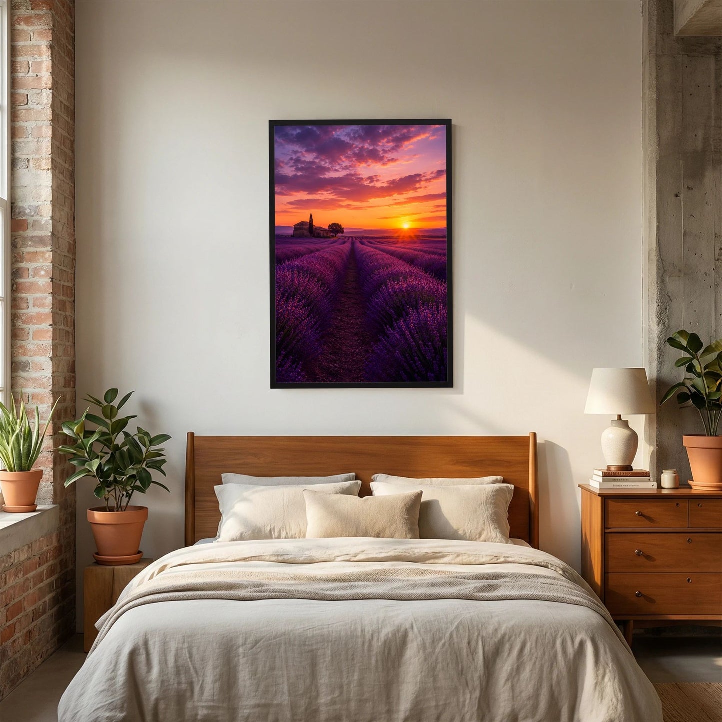 Landschaftsposter im Hochformat mit Lavendelfeld im Sonnenuntergang, schwarzer Rahmen