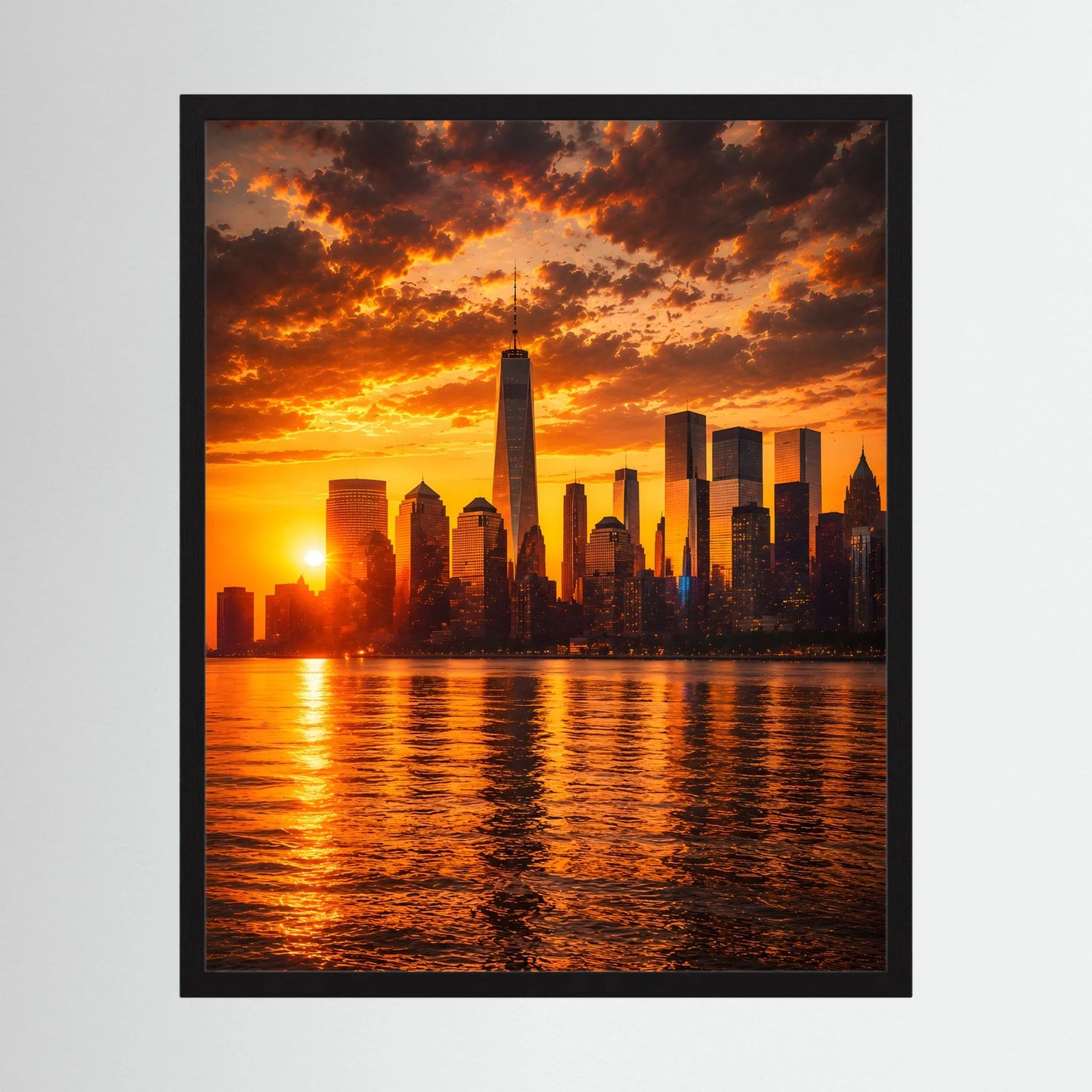 Hochformatiges Poster mit Skyline bei Sonnenuntergang über Wasser, in schwarzem Rahmen