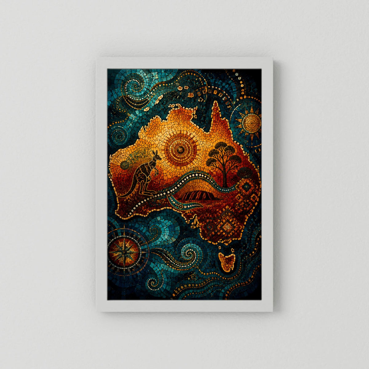 Hochformat-Poster im weißen Rahmen mit abstrakter Landschaft in Türkis und Orange, kreisförmige Muster.