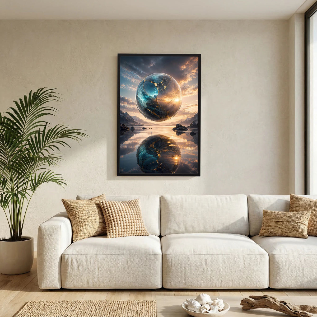 Hochformat-Poster mit schwebender Erdkugel in Blau und Gold, Spiegelung im Wasser, schmaler Rahmen