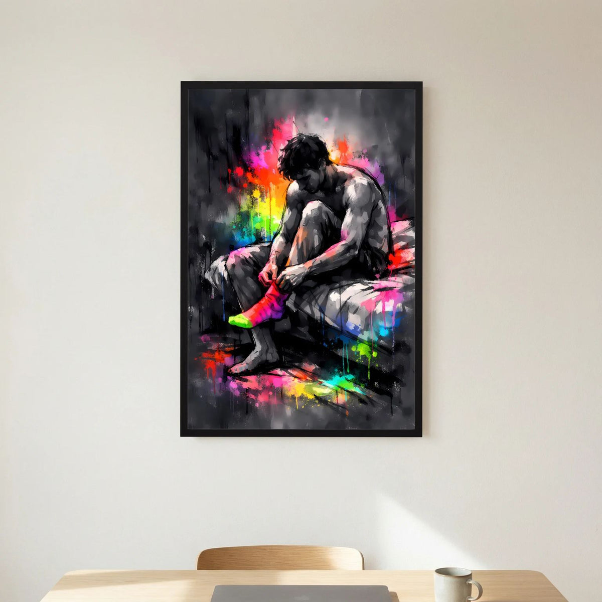 Wandbild im Hochformat: Mann sitzt und zieht Socken an, abstrakter Neon-Farbspritzer, schwarzer Rahmen.