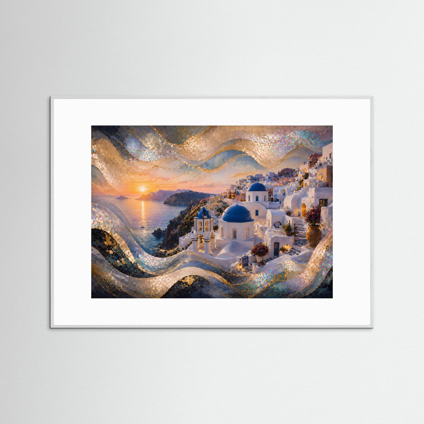 Santorini im goldenen Sonnenuntergang | Mediterrane Wandkunst mit Perlmutt