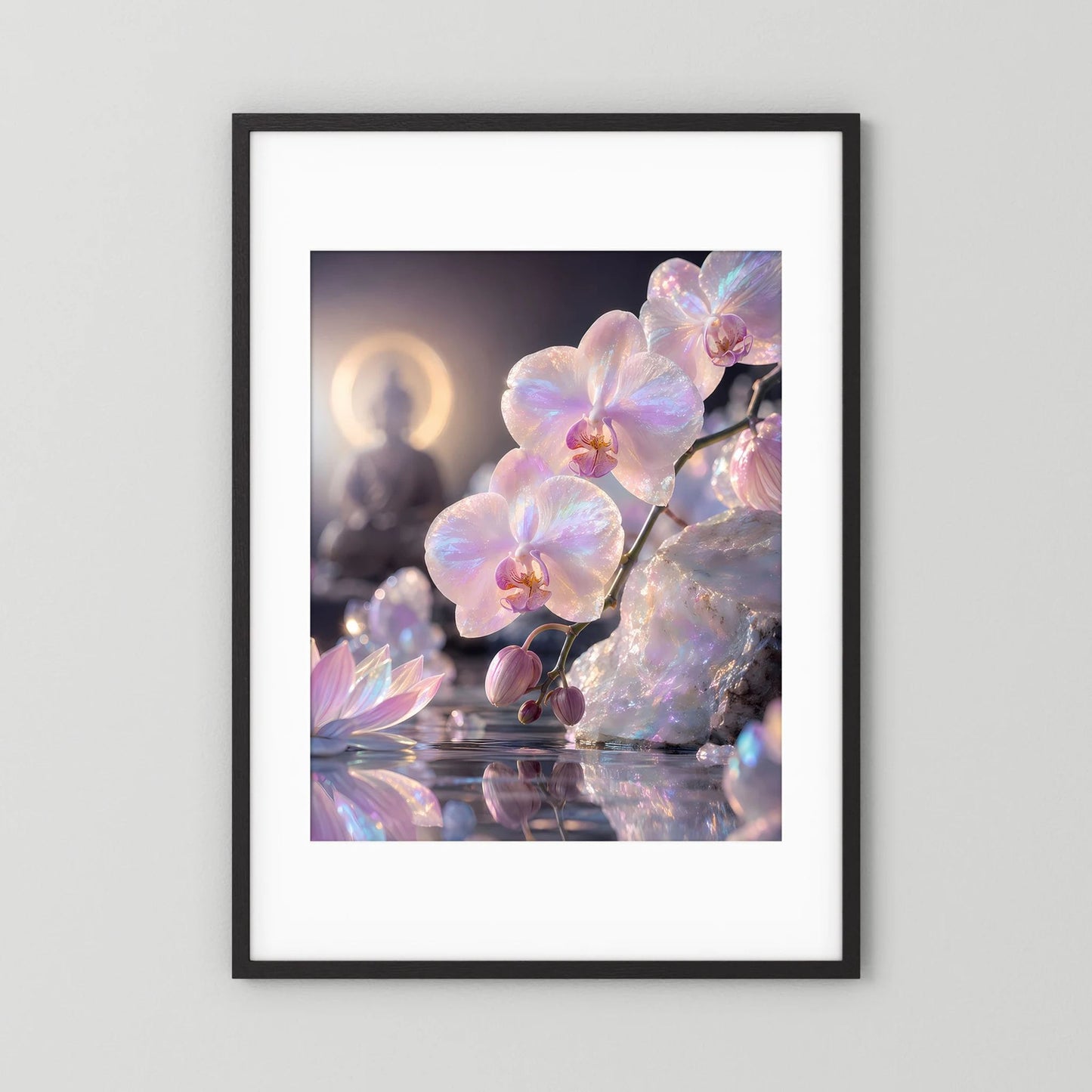 Hochformat-Poster mit Perlmutt-Orchideen, schwarzer Rahmen mit weißem Passepartout