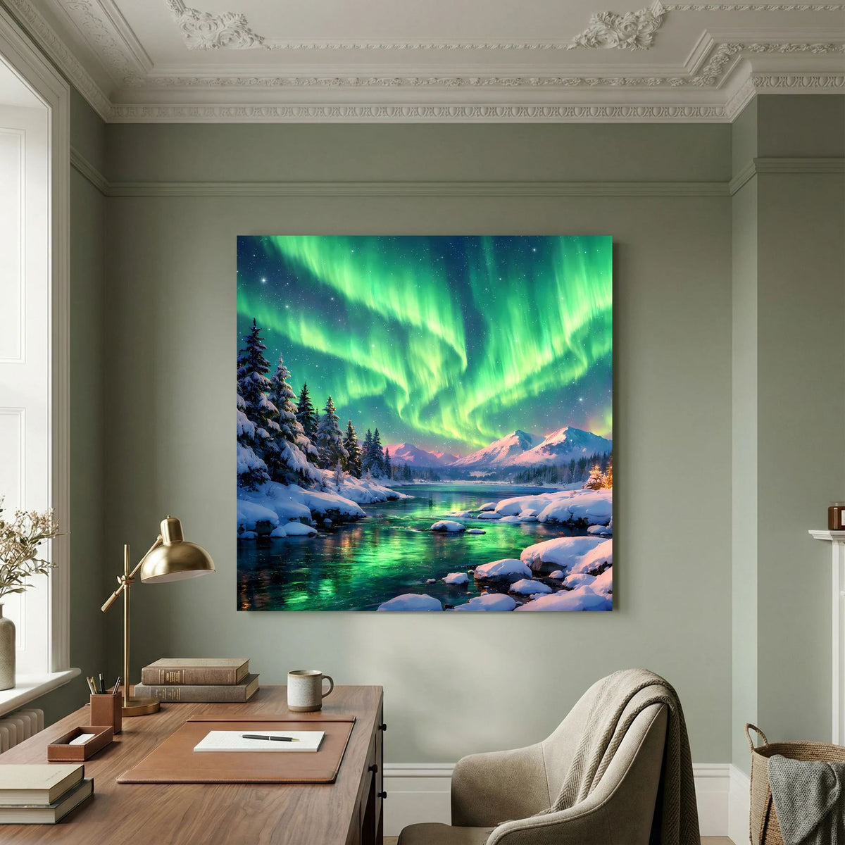 Leinwandbild mit grünen Polarlichtern über verschneitem Fluss und Tannen auf Holzkeilrahmen