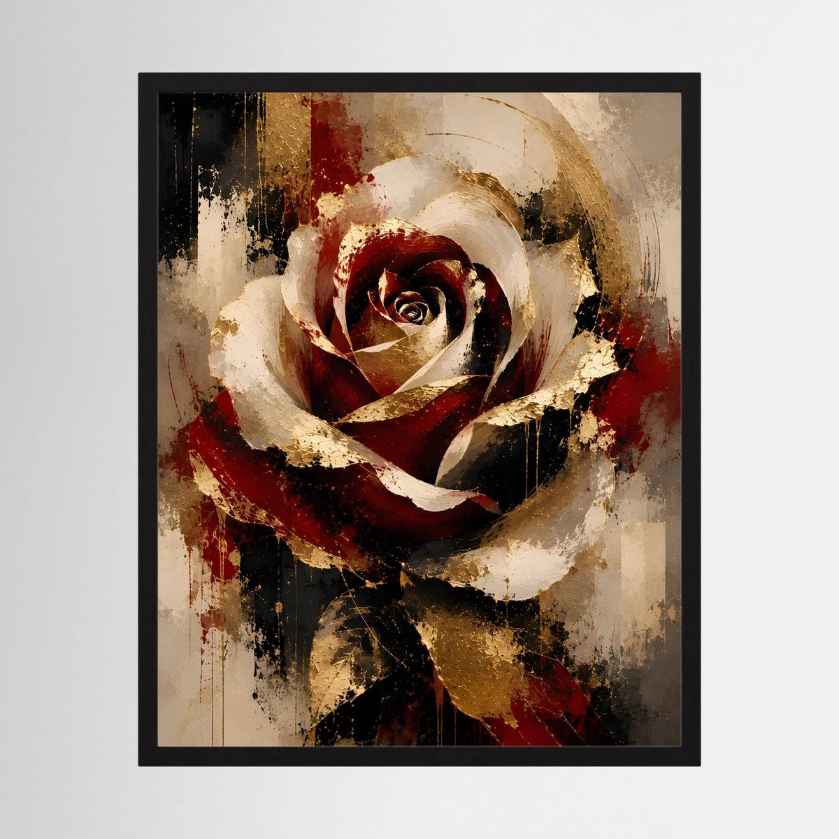 Abstraktes Rosenposter mit schwarzem Rahmen, Rot-, Gold- und Schwarztönen im Hochformat