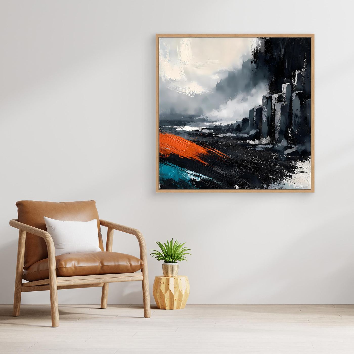 Leinwand Abstraktes Basaltsäulen Gemälde | Modernes Isländisches Vulkan Wandbild Schwarz Orange