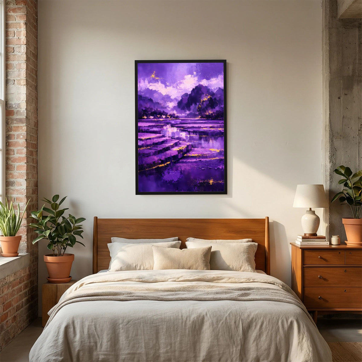 Hochformat-Poster im schwarzen Rahmen mit abstrakter violetter Bergwelt und reflektierendem See, goldene Akzente.
