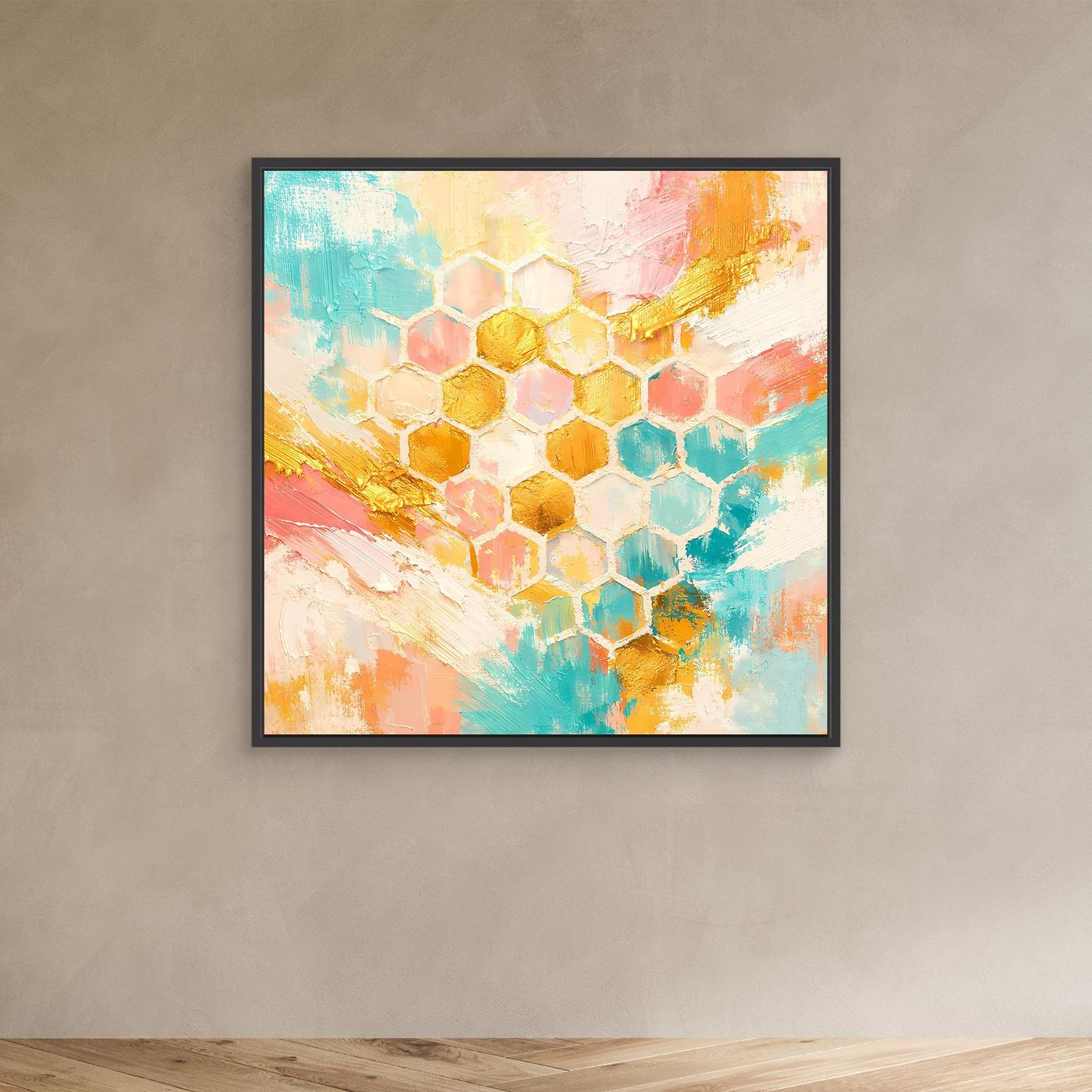 Leinwandbild mit Bienenwaben-Muster in Pastellfarben, mit schwarzem Rahmen