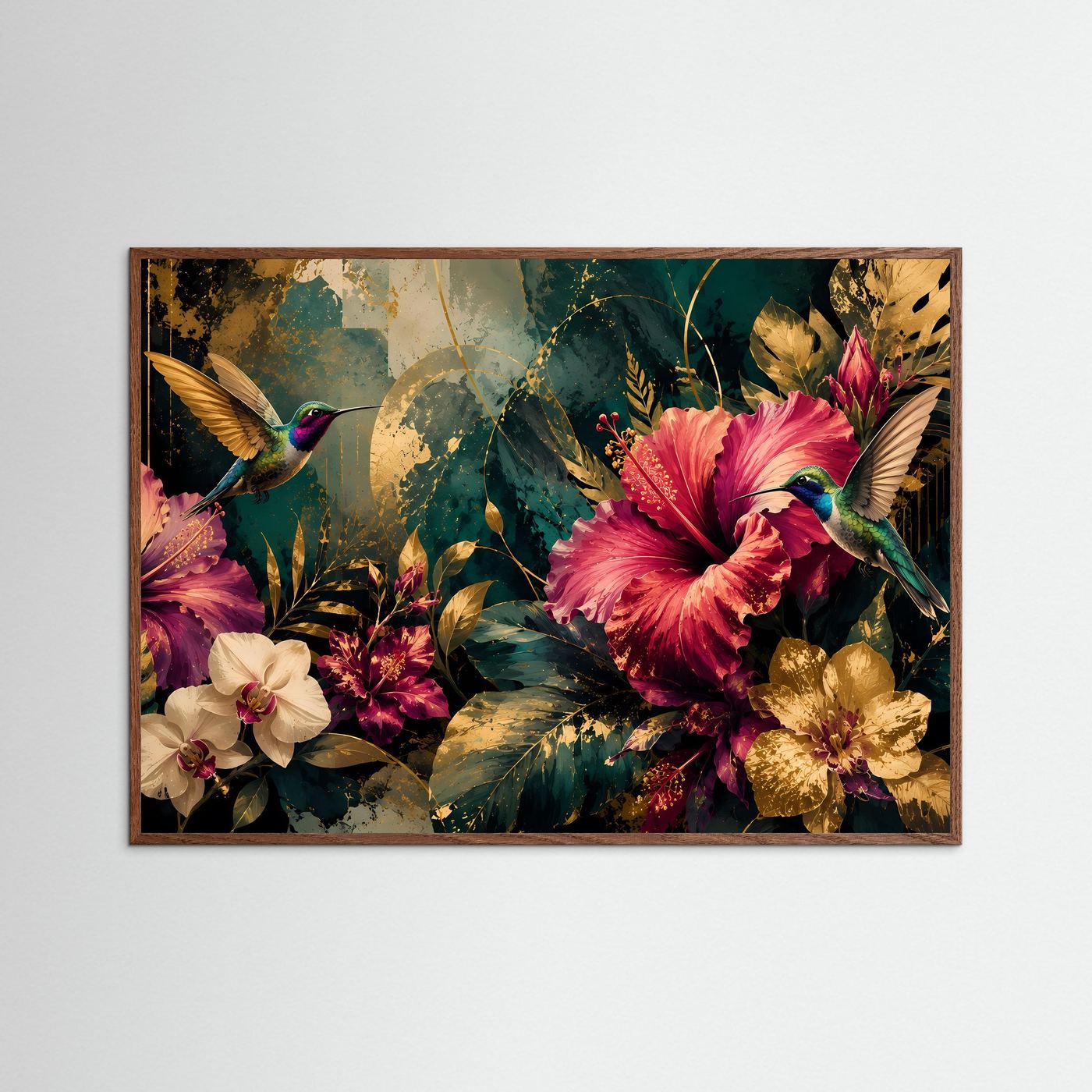 Querformat-Poster mit Kolibris und tropischen Blüten, dunkler Eichenrahmen