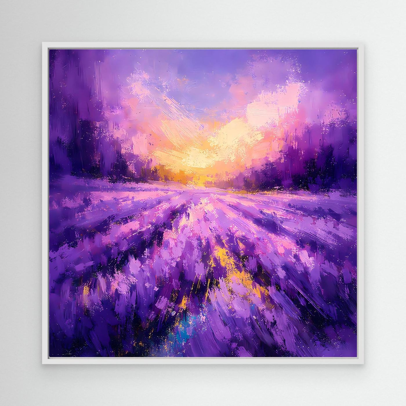 Leinwand-Wandbild mit violettem Lavendelfeld und goldenem Sonnenuntergang, weißer Rand