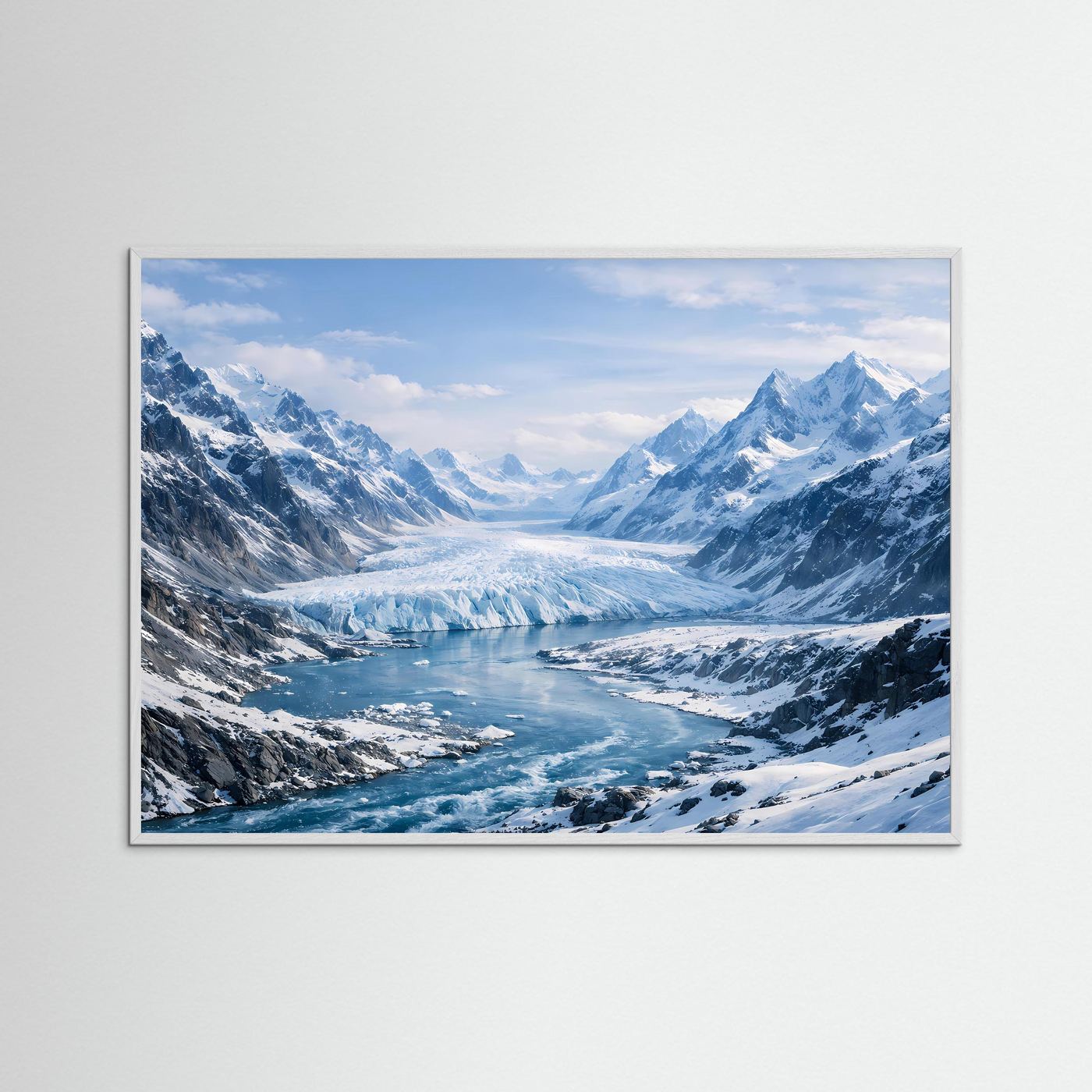 Querformatiges Poster mit Gletscherlandschaft, mit hellem Rahmen aus Holz