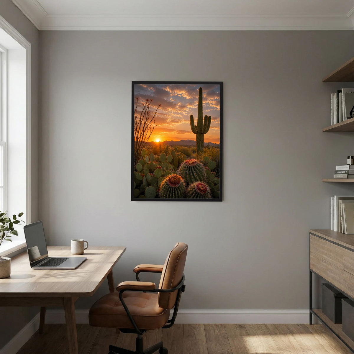 Gerahmtes Poster im Hochformat mit Kakteen, Wüstenpflanzen und Sonnenuntergang