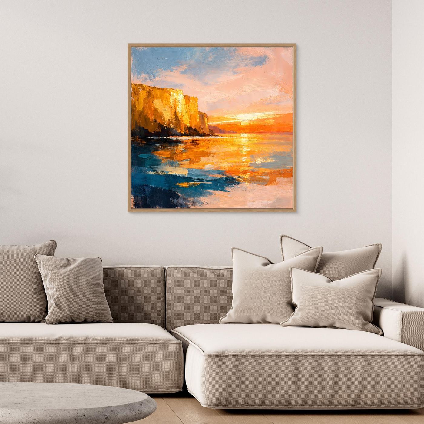 Leinwand Goldener Sonnenuntergang an der Steilküste | Abstraktes Meeres Wandbild