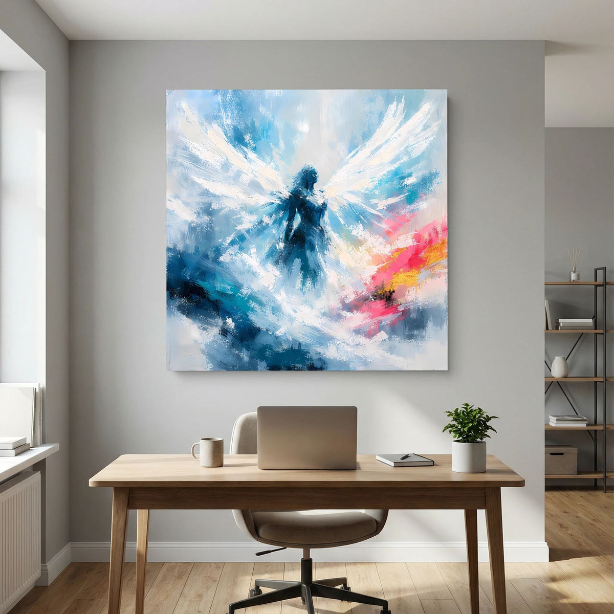 Quadratisches Leinwandbild: abstrakter Engel in Blau und Weiß mit rosafarbenen Spritzern.