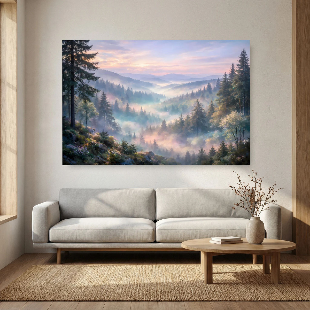 Wandposter im Querformat mit Berglandschaft im Nebeltal und Nadelwald im Dämmerlicht