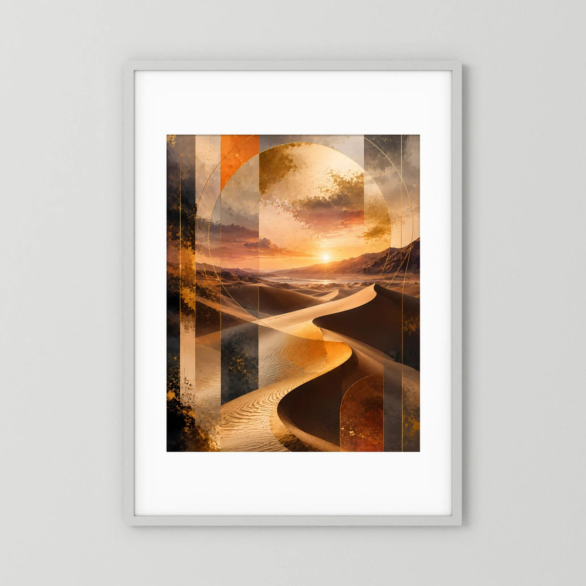 Poster im weißen Rahmen mit abstrakter Wüstenlandschaft, goldene Dünen und Sonnenuntergang
