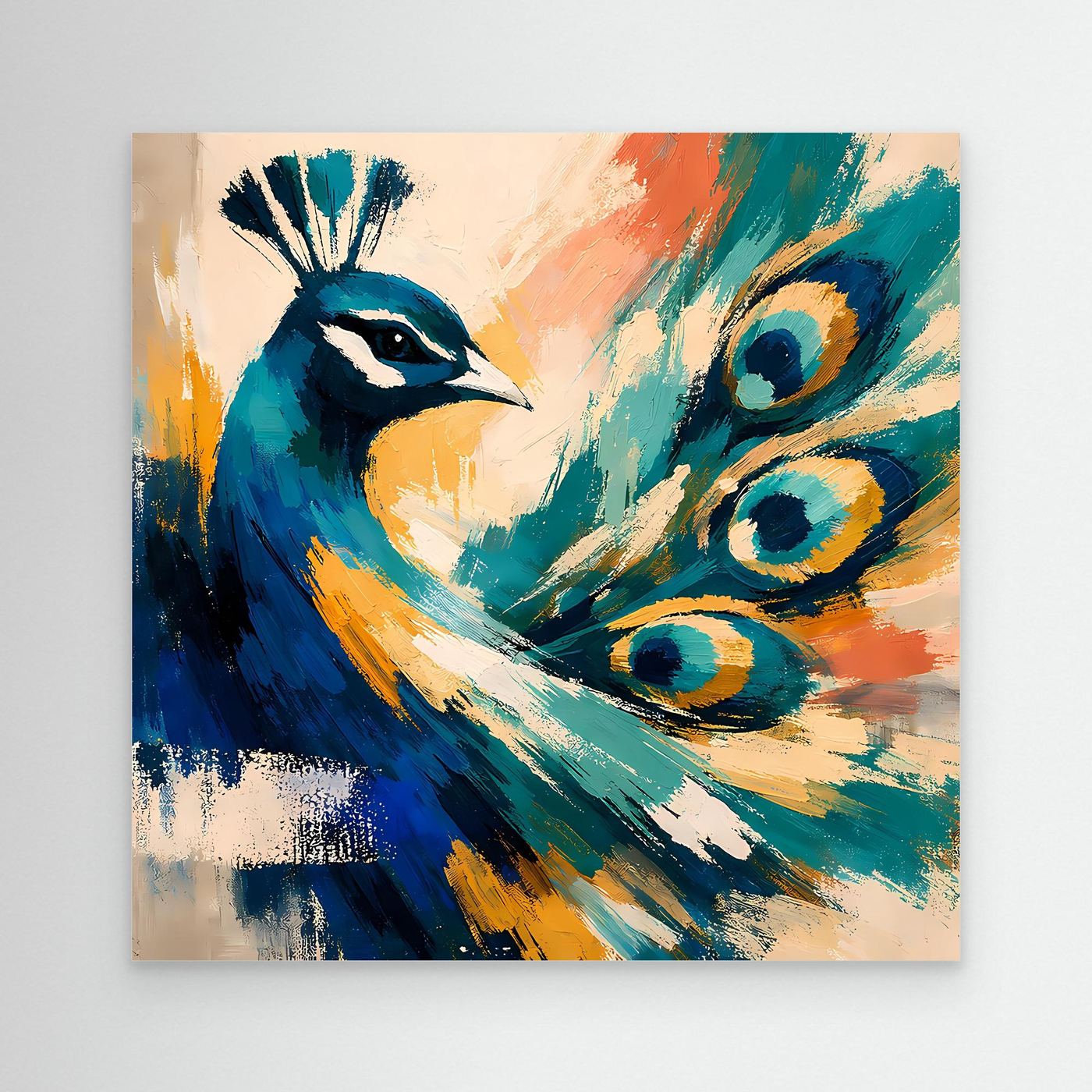 Abstract peacock canvas wall art close-up with blue teal feathers and orange highlights