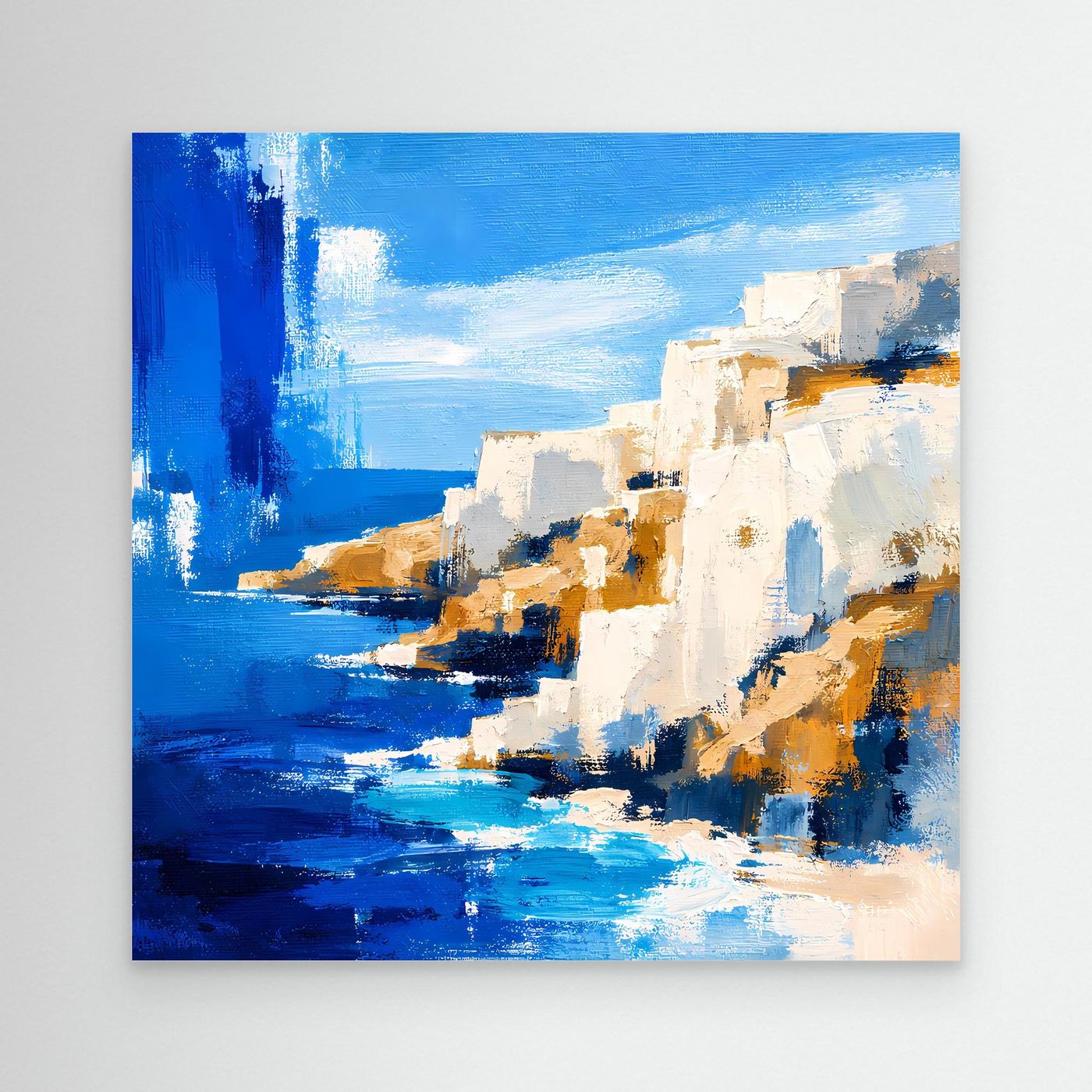 Abstraktes Leinwand-Wandbild mit Küstenmotiv in Blau und Weiß, orange Akzenten