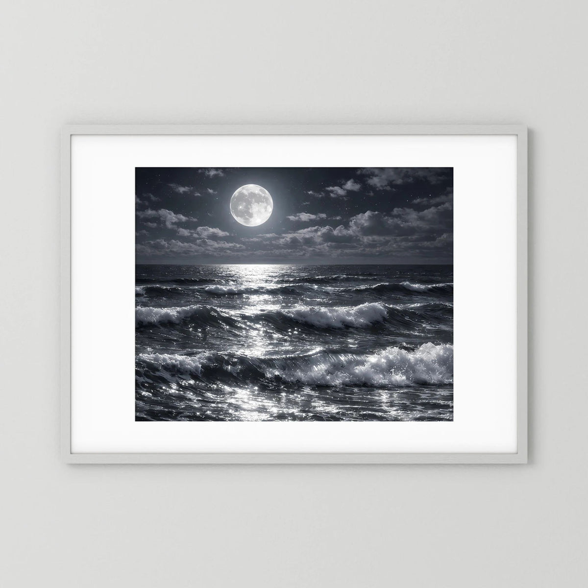 Wandbild mit Meerwellen im Mondlicht und Vollmond, querformat mit weißer Rahmung