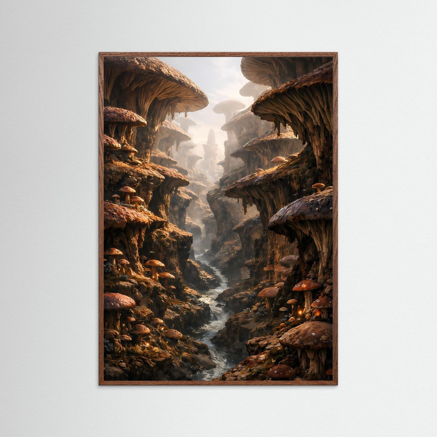 Fantasy-Poster im dunklen Eichenrahmen mit Pilzfelsen-Tal und schmalem Flusslauf, warm