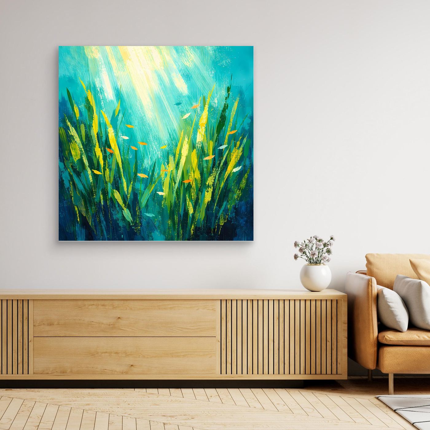 Leinwand Lichtdurchfluteter Algenwald unter Wasser | Abstraktes Ozean Wandbild